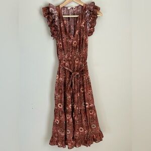 Ulla Johnson Johnson Virginia Midi Dress Size 0 Belted Flutter Sleeve Tiered